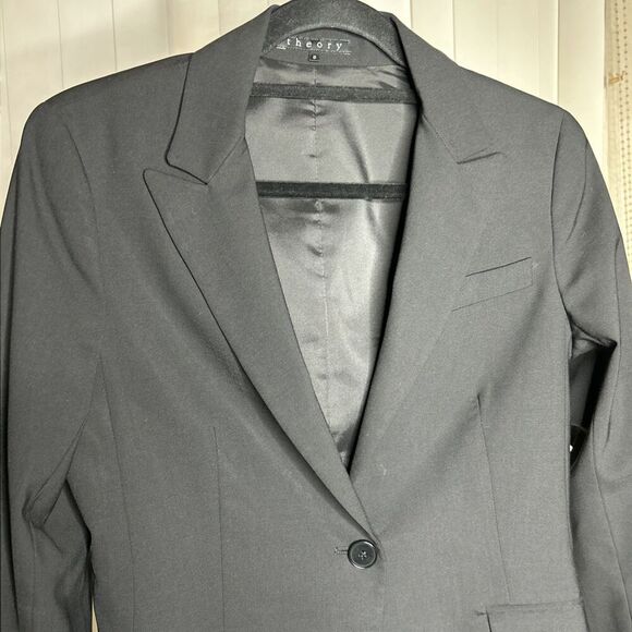 Theory Womens Jacket Black Blazer Wool Blend Stretch Lined Shoulder Pads Size 8 - Picture 3 of 8